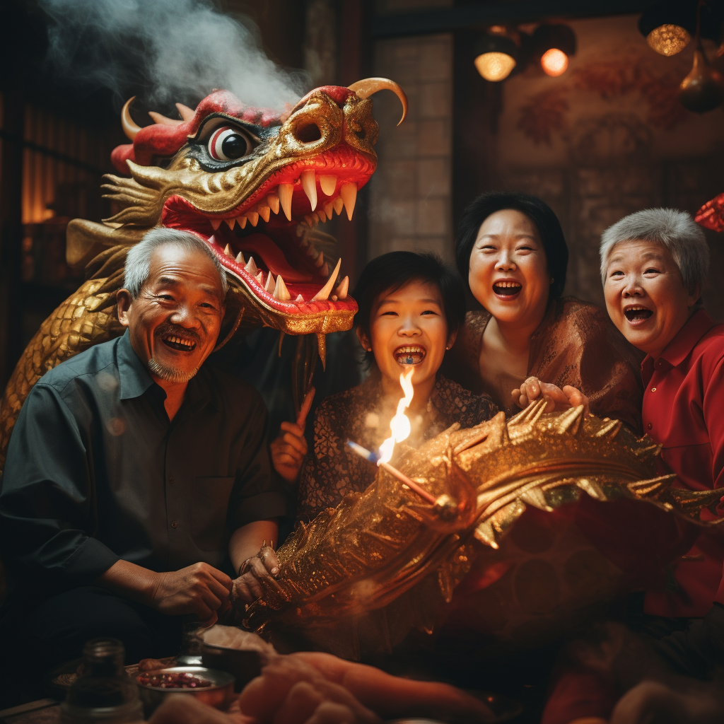 4. Vietnamese family celebrating new year with dragon dance