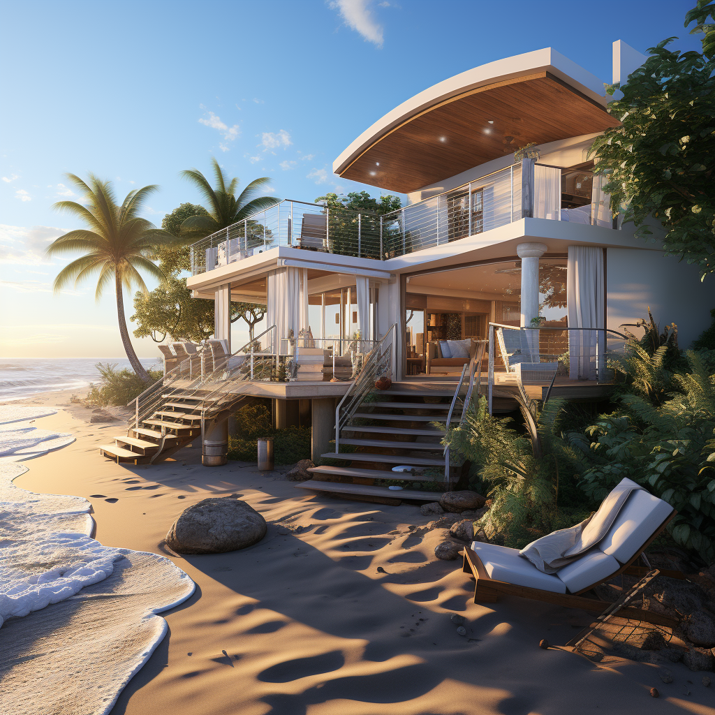 4. Beachhouse with veranda and stairs surrounded by ocean and mountains.