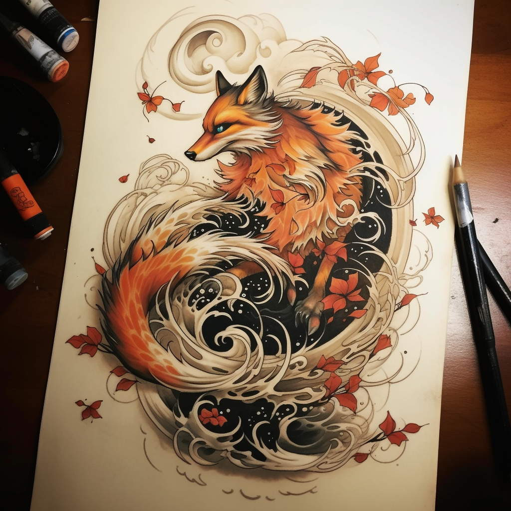 4. Tattoo of a yokai fox jumping