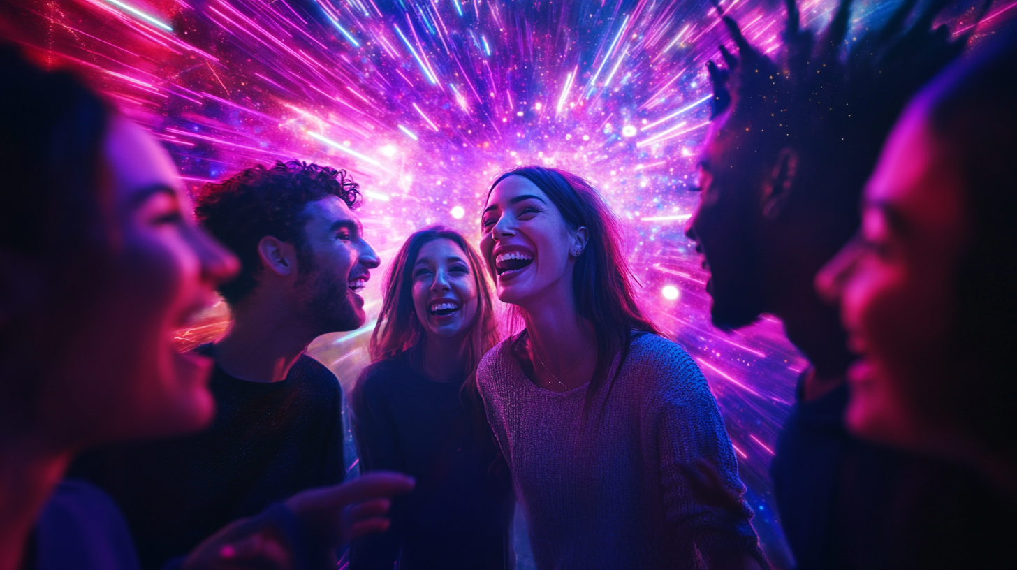 10 Friends Interacting in Light Beams Installation 