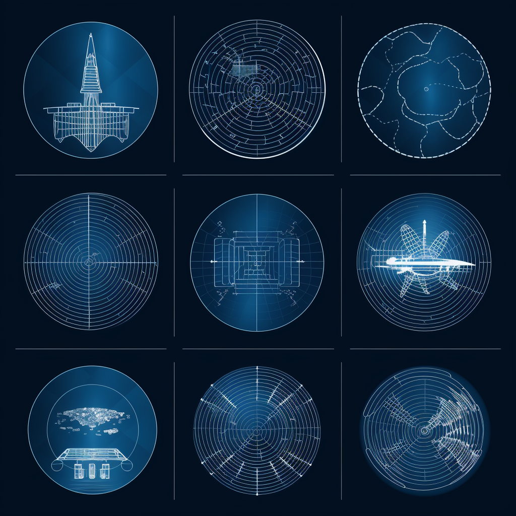 10 abstract radar illustrations on fighter aircrafts, blue and white gradients in flat vector style.