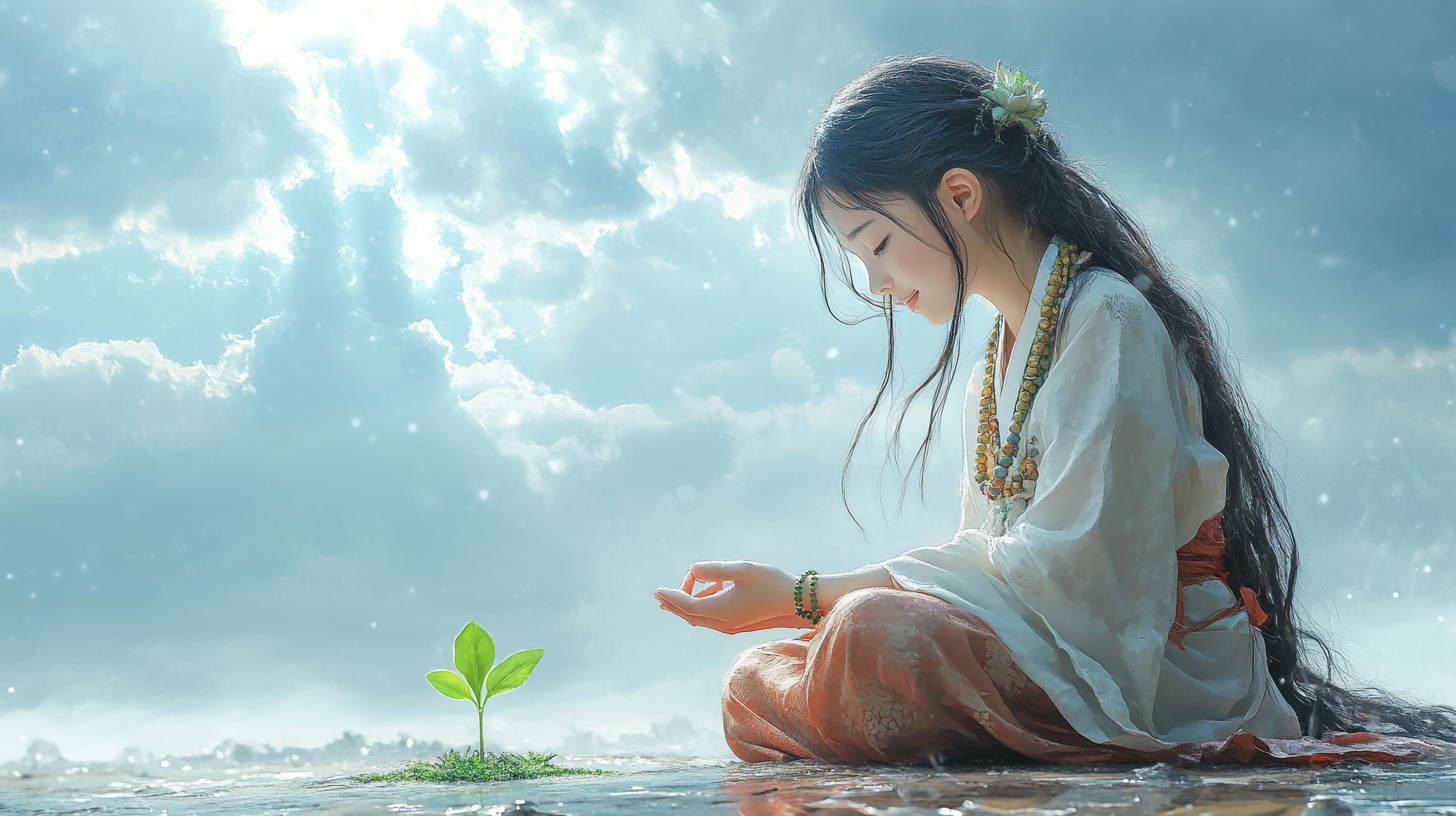 10-year-old Korean girl as bodhisattva in serene setting.