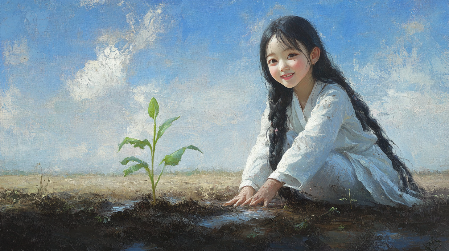 10 year old Korean girl bodhisattva in oil painting.