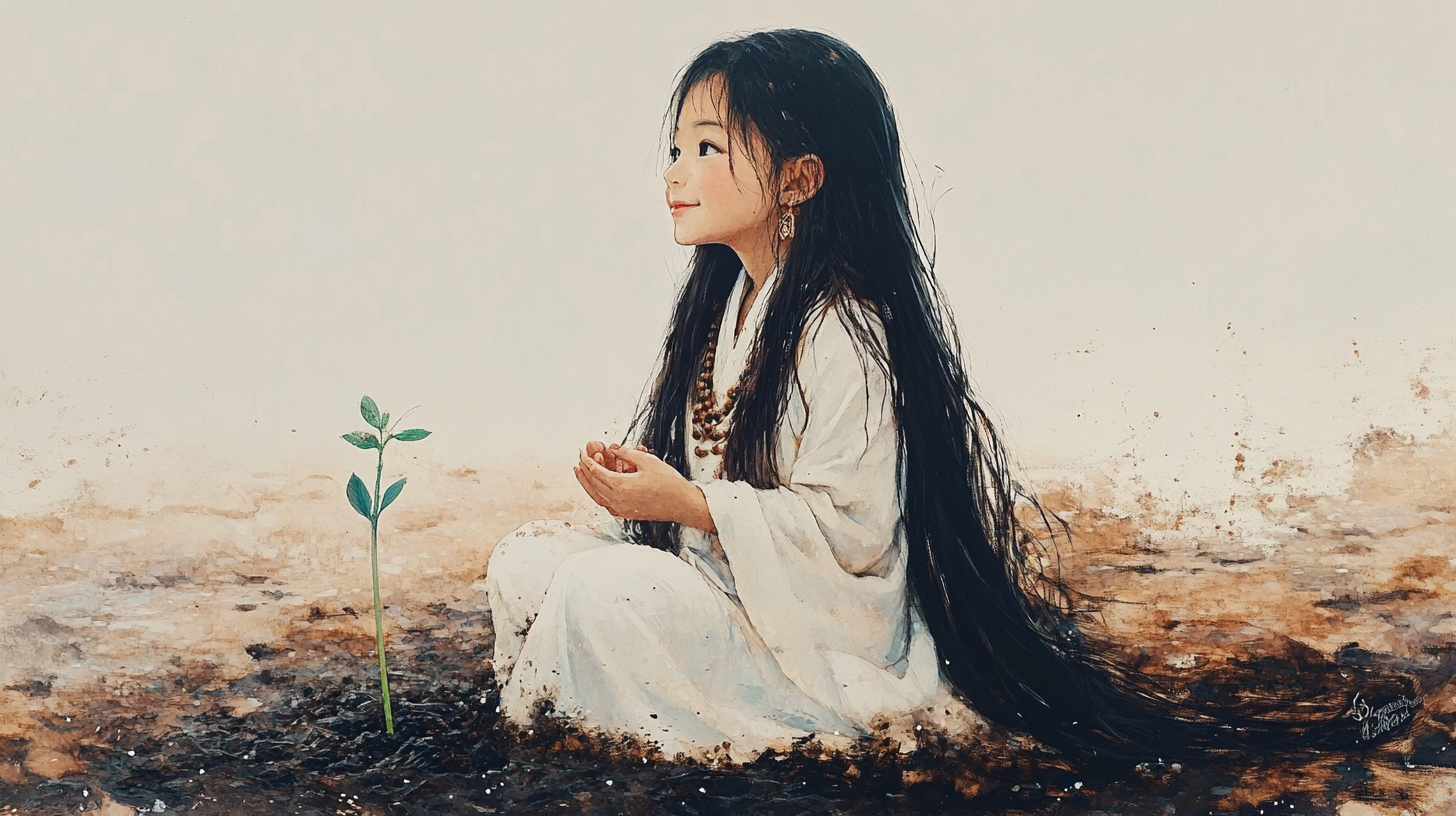 10-year-old Korean girl with prayer beads smiles.