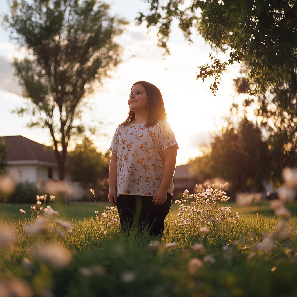 12-year-old girl in park surrounded by flowers, trees.