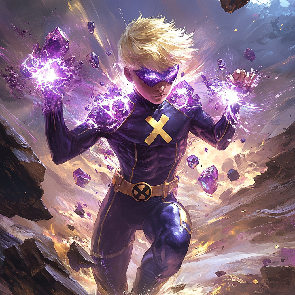 12-year-old superhero with amethyst rock body fights energetically