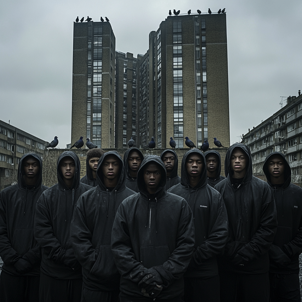 12 young men pose in hoodies like 'last supper'.