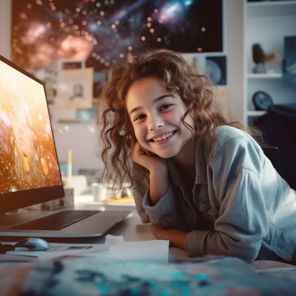 12-year-old girl happily using a computer