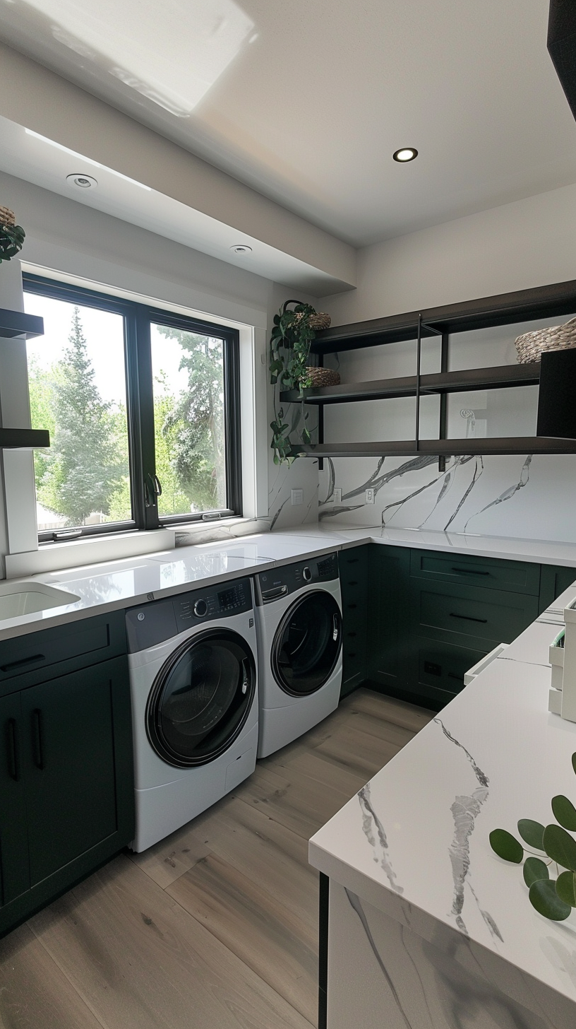 12x12 Laundry Room with Quartz Countertops & Green Cabinetry 