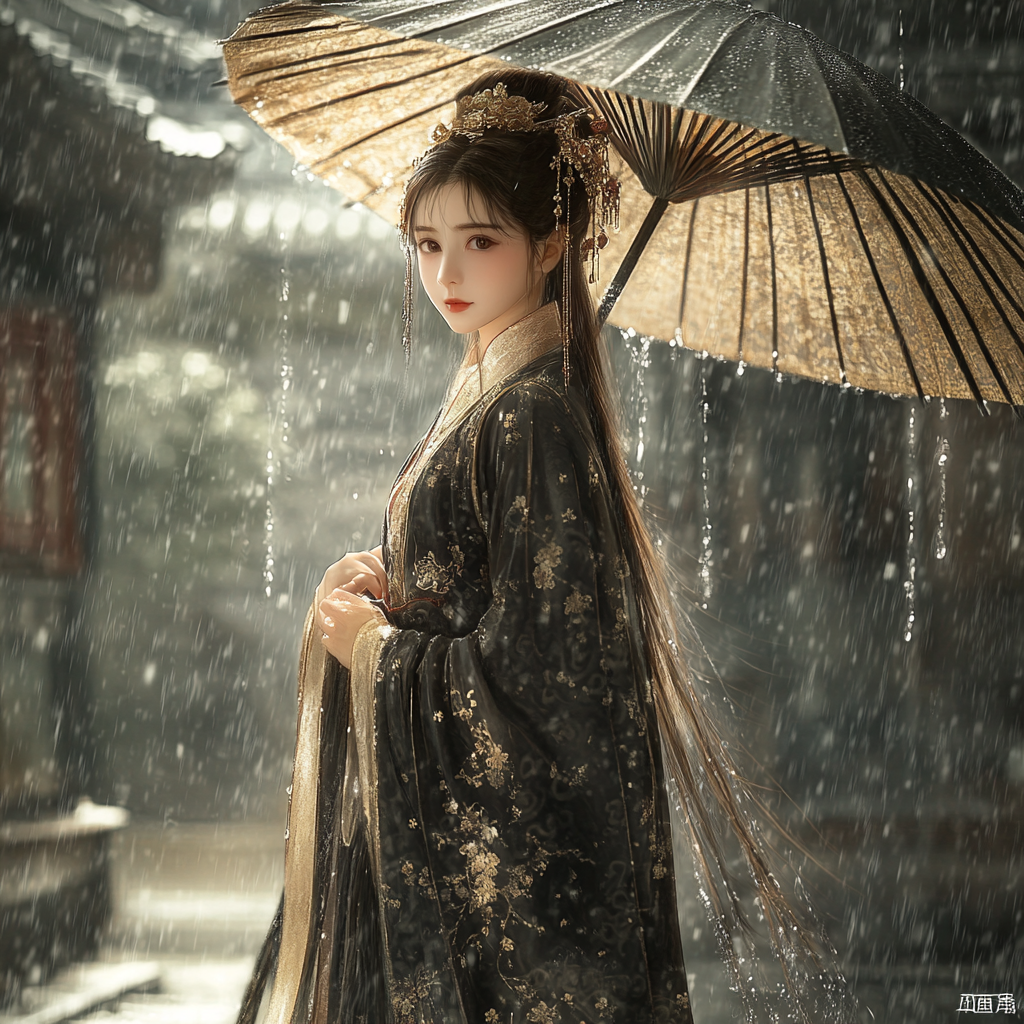 14-year-old Chinese girl in Tang costume walked confidently in rain.