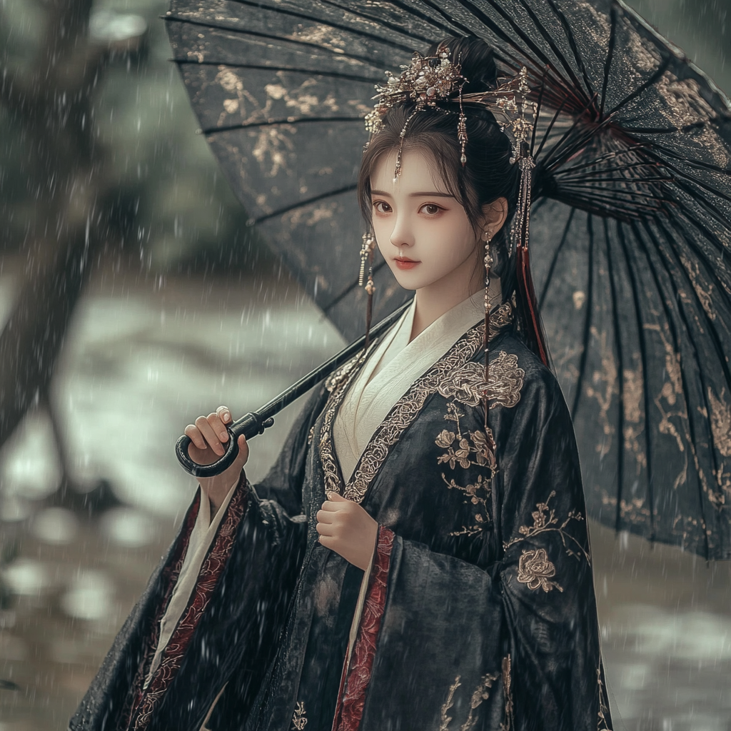 14-year-old Chinese girl in Tang costume with umbrella.