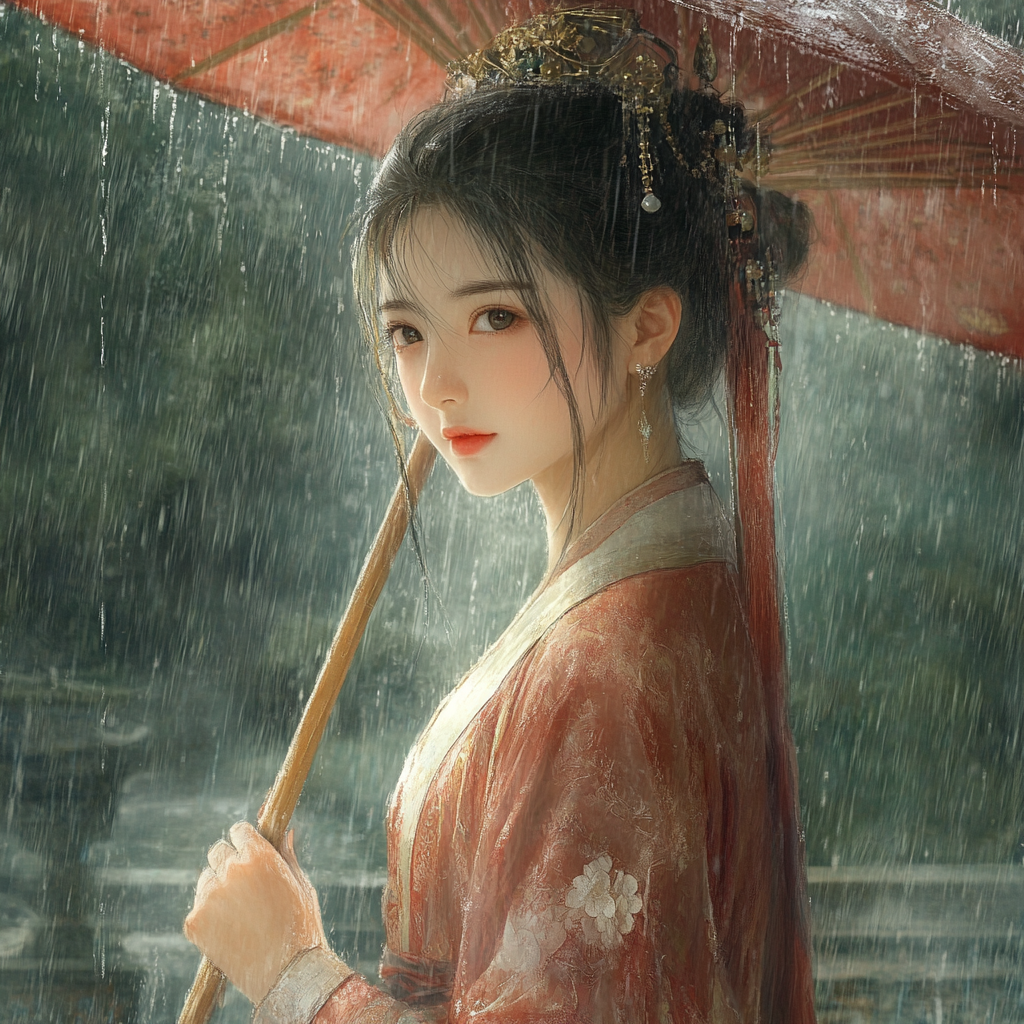 14-year-old girl with chestnut hair and eyes, wearing Tang costume walking in rain.