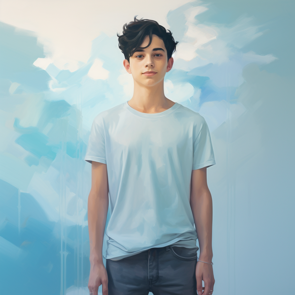 Young boy with black hair in light blue T-shirt