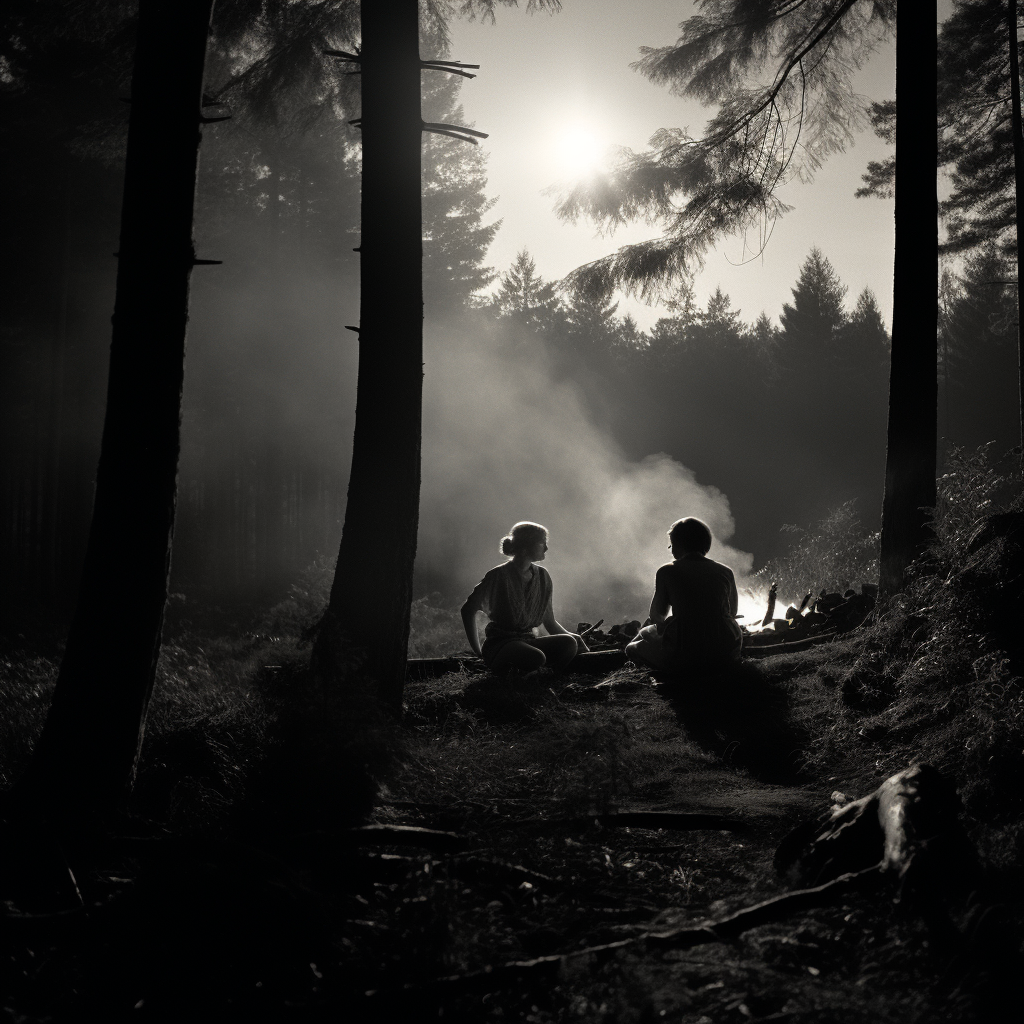 15-year-old girl and devil at campfire in woods.