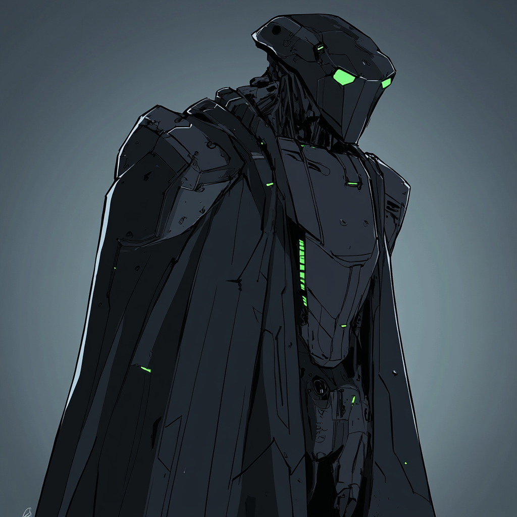 15ft tall sleek mech in tattered cloak, dark grey.