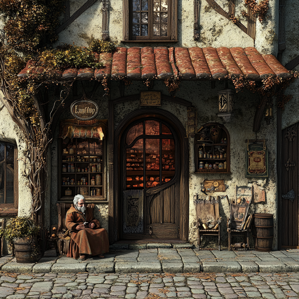 15th Century Spanish Inspired Fantasy Village Storefront with Elderly Man