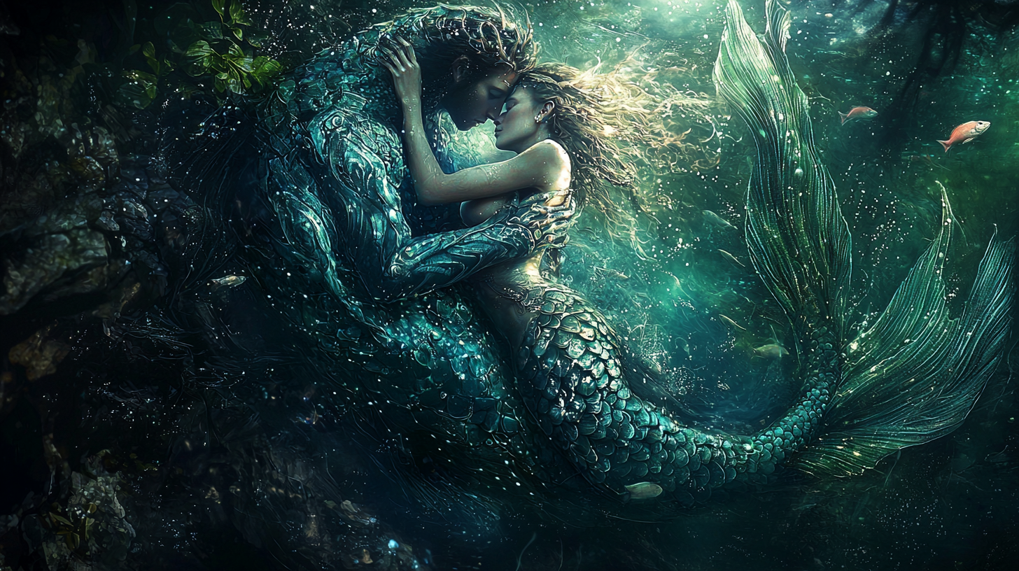 16:9 photo of Alien Mermaid embracing human.