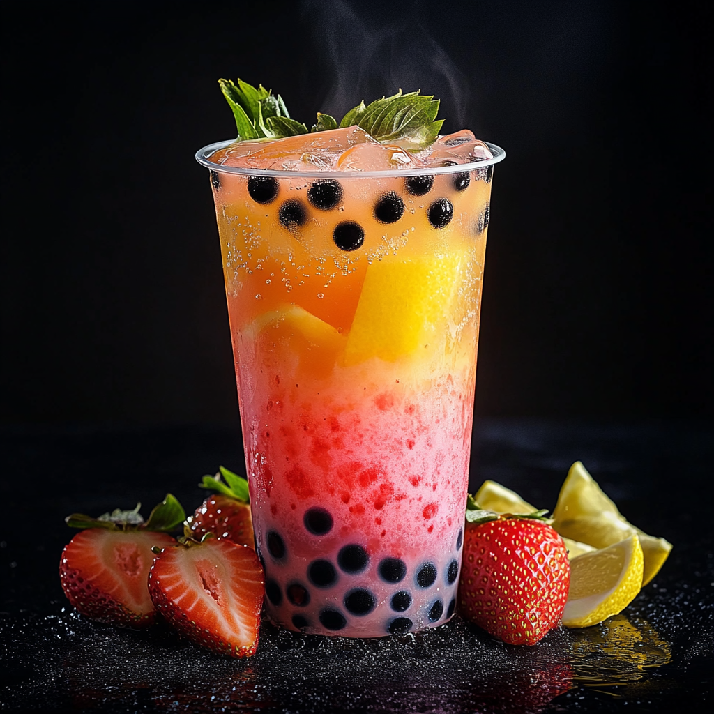 16K Hyper-realistic Strawberry Lemonade Iced Tea Boba Photo