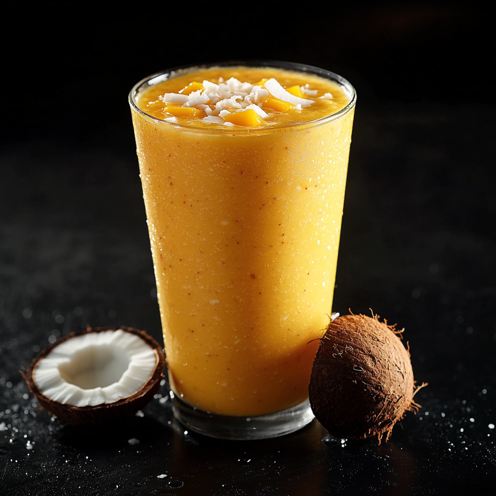 16K photo mango coconut smoothie, clear cup, black background.