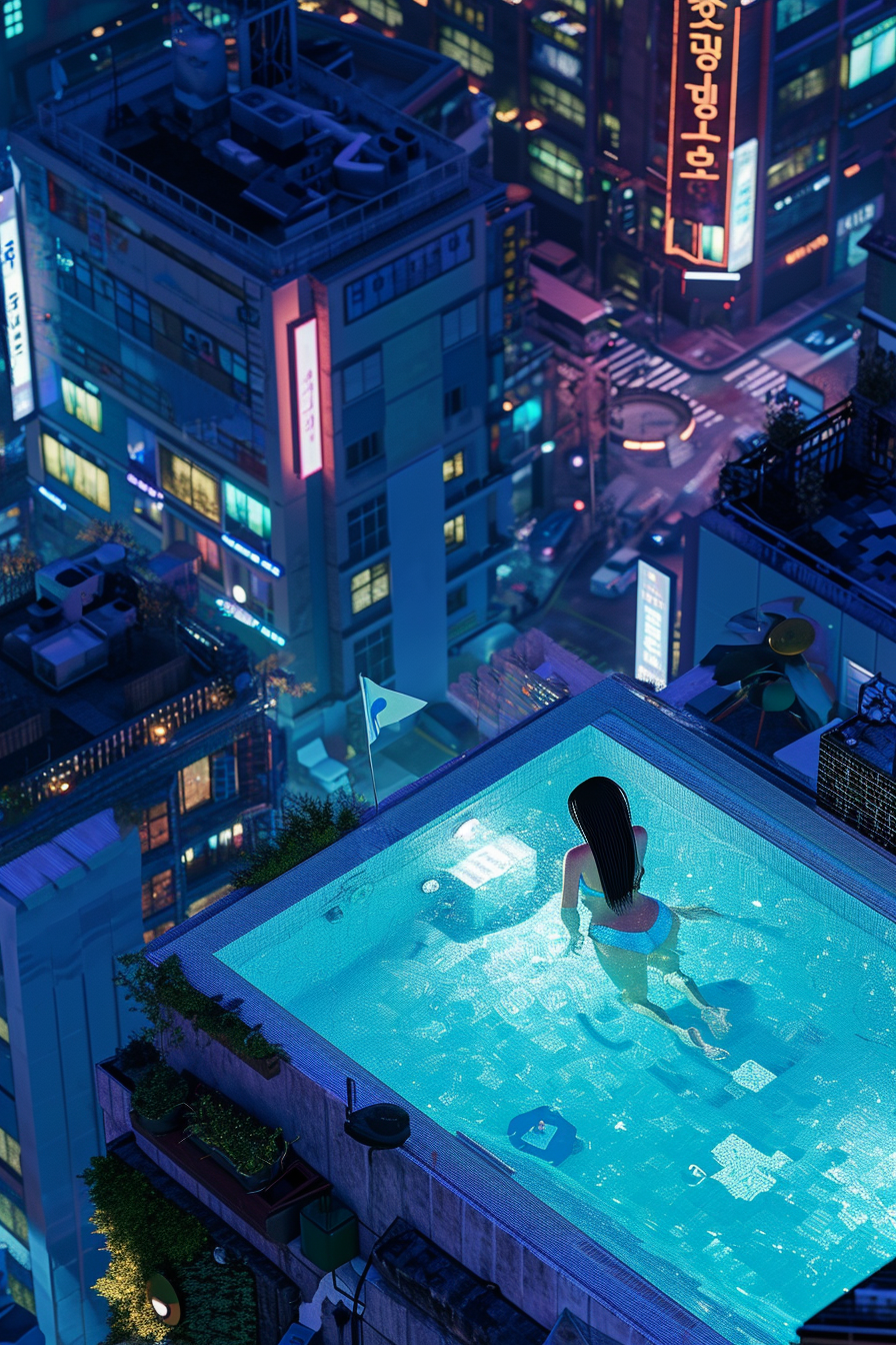 Aerial shot of woman in pool at night in Seoul