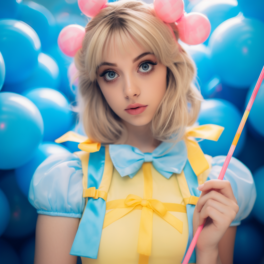 Happy 18-year-old woman with pigtails surrounded by dolls and lollipops