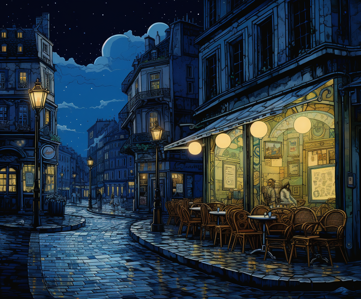 Solitary man enjoying coffee in 1800s night city