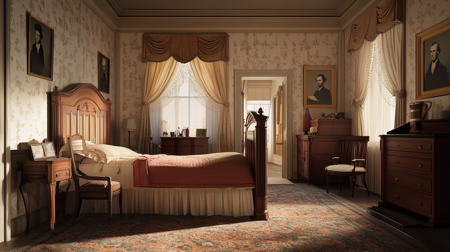 1864 White House bedroom, Mary Todd Lincoln's detailed interior.