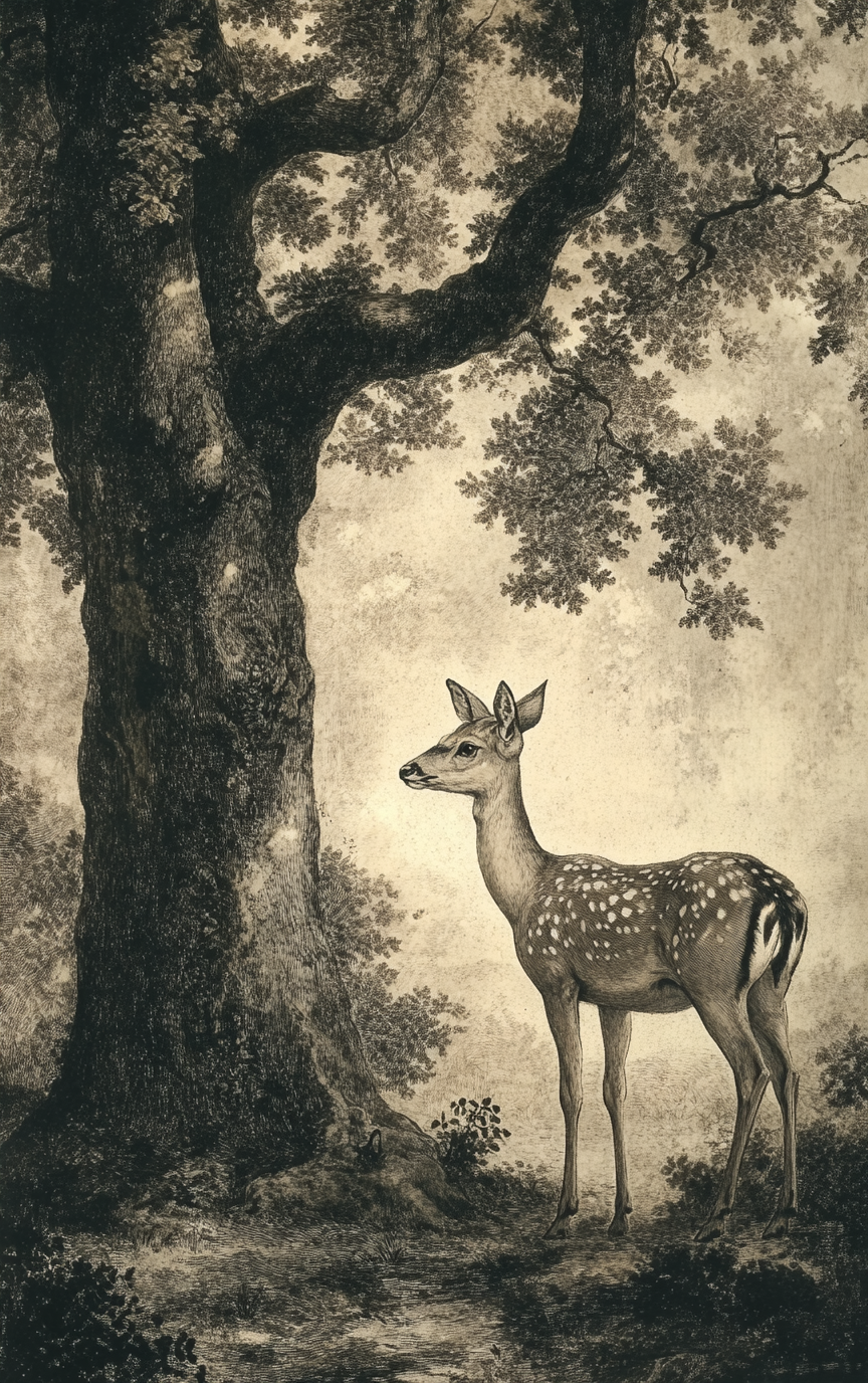 18th Century Baroque Deer By an Oak Tree