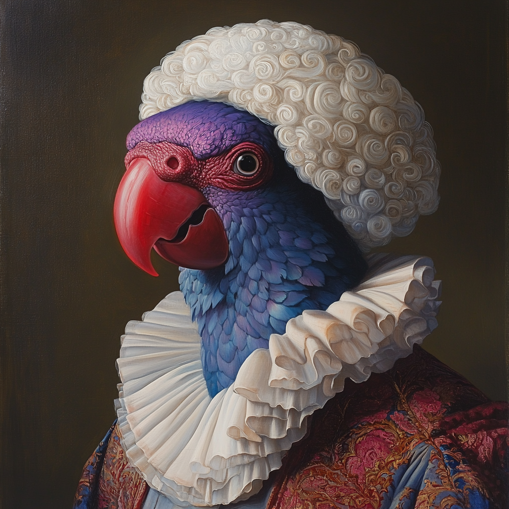 18th Century Oil Painting Portrait Human Blue Parrot Head 