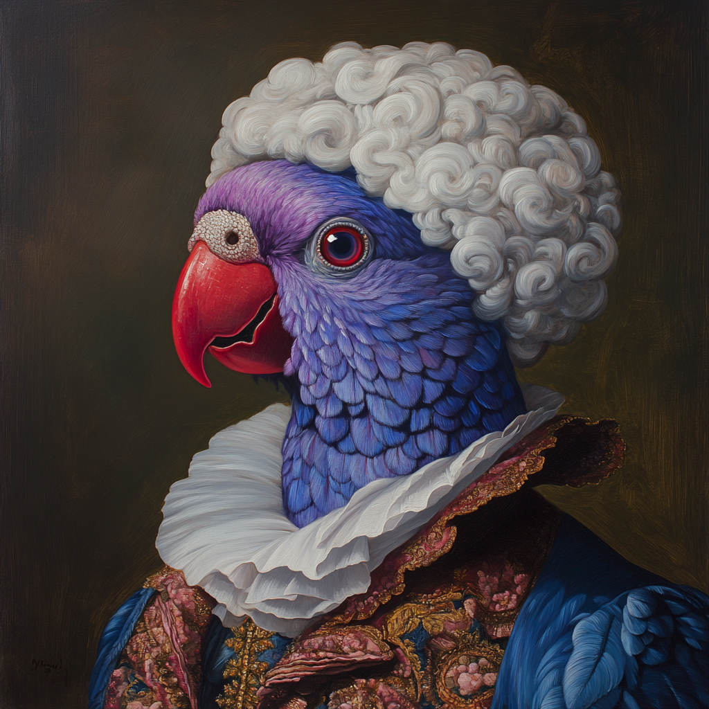 18th Century Portrait Human Blue Purple Parrot Head