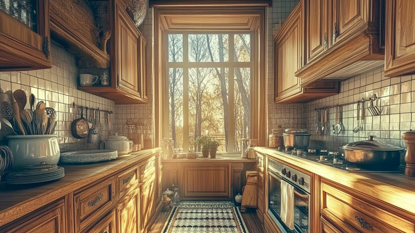 18th century kitchen with wide window, antique chimney, Euro theme.