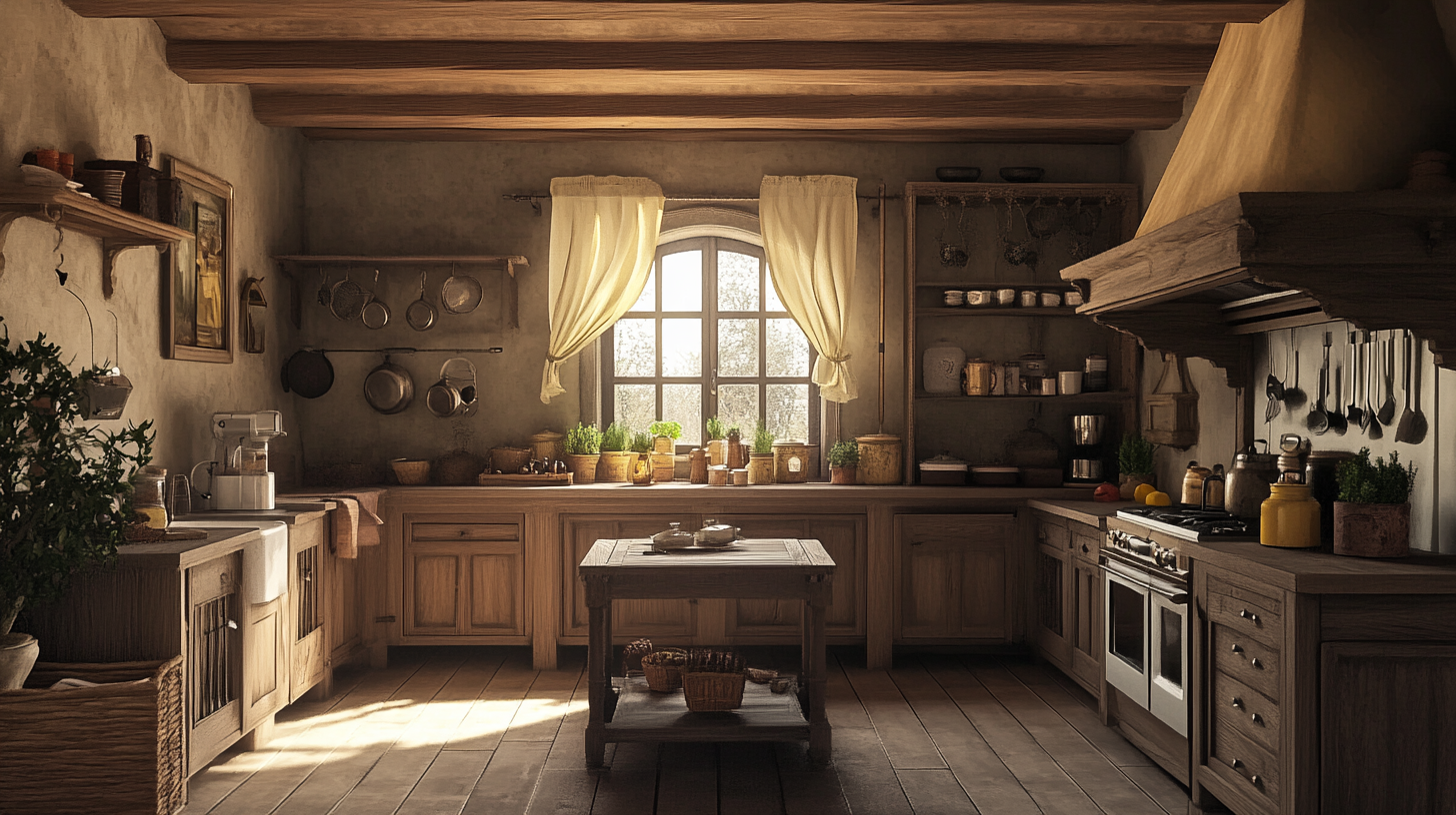 18th century medieval kitchen, wooden ceiling, chimney table.