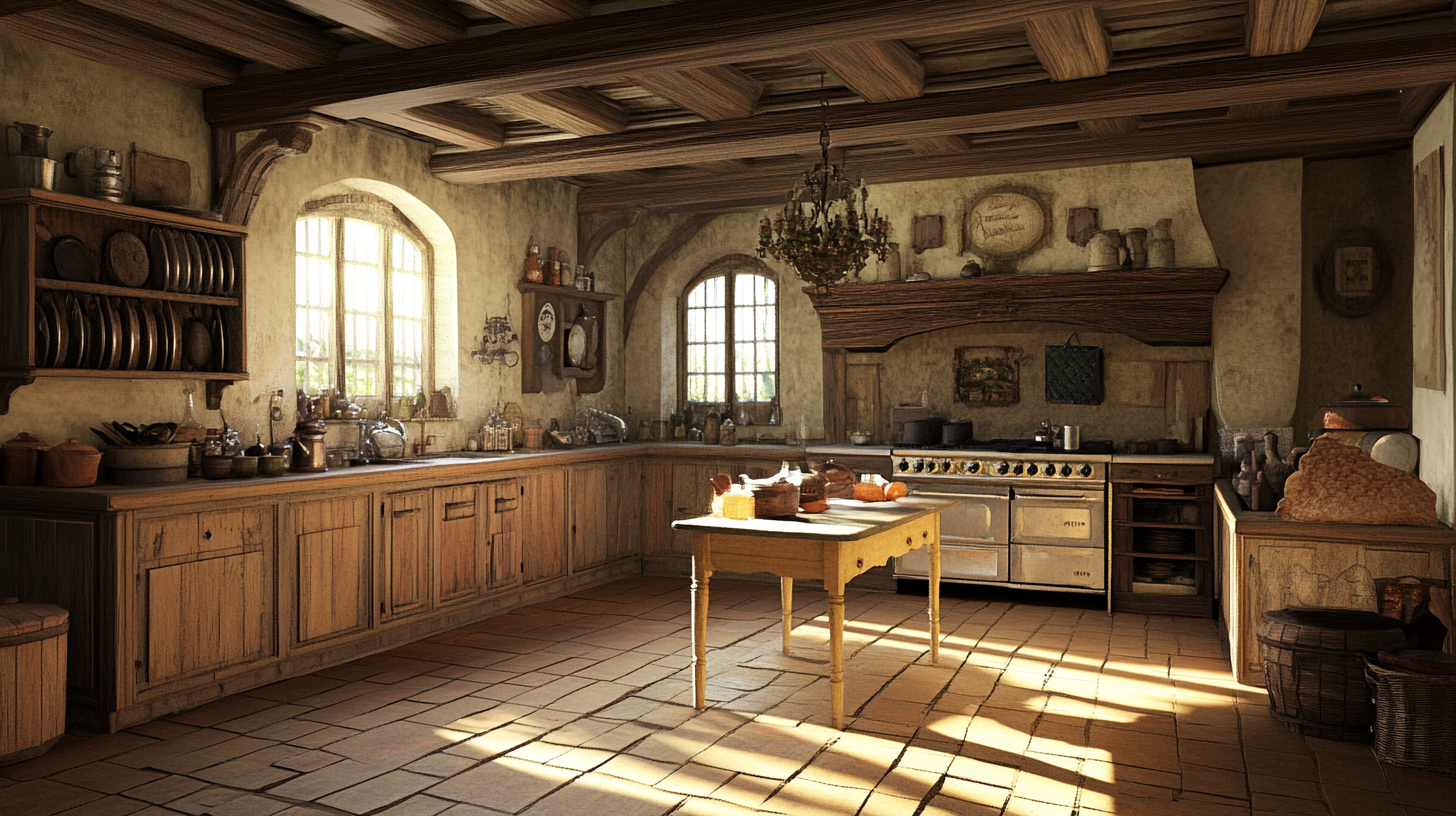 18th century medieval kitchen, wooden ceiling, crown wall, render.