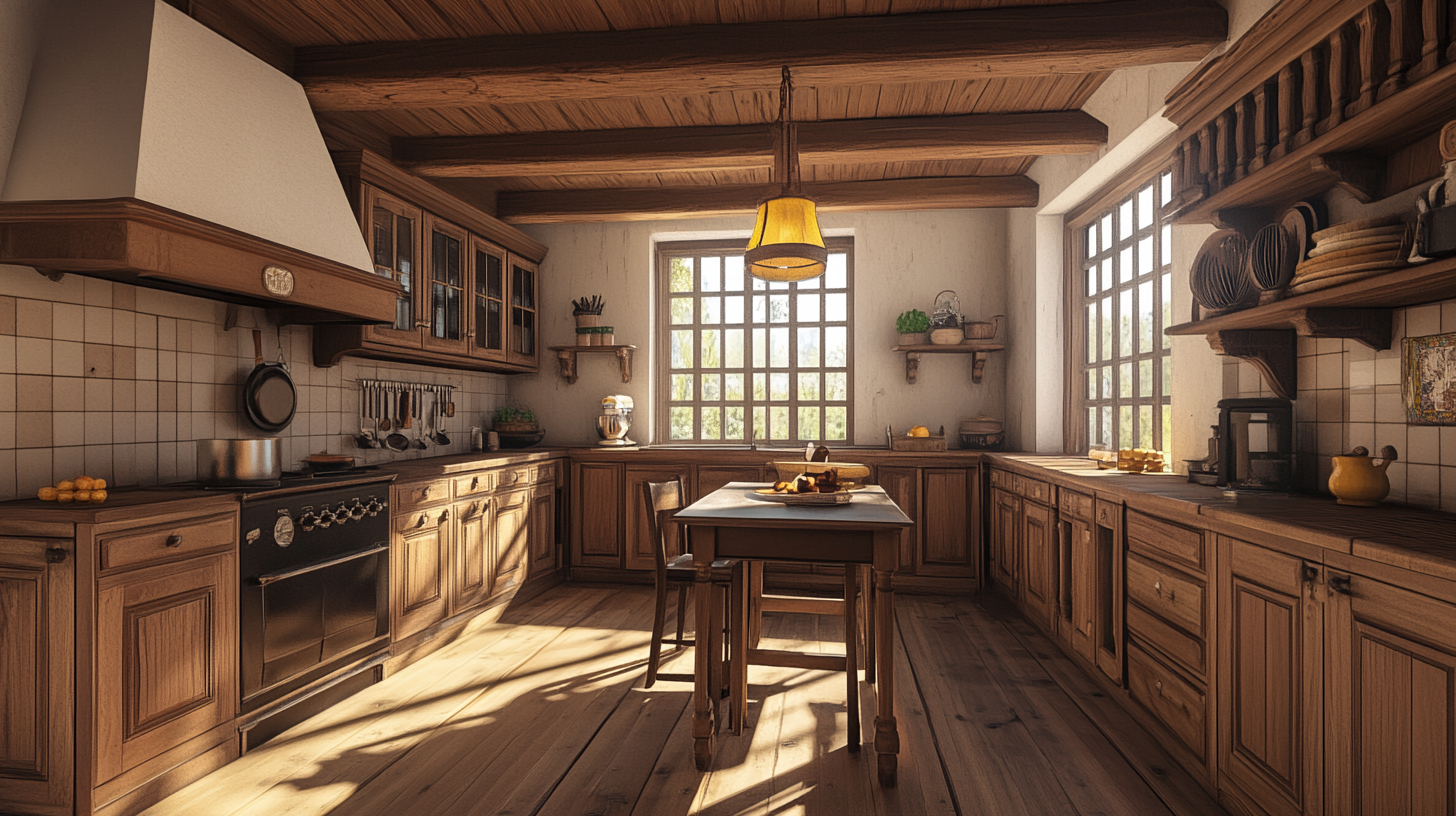 18th century style kitchen with wooden design ceiling.