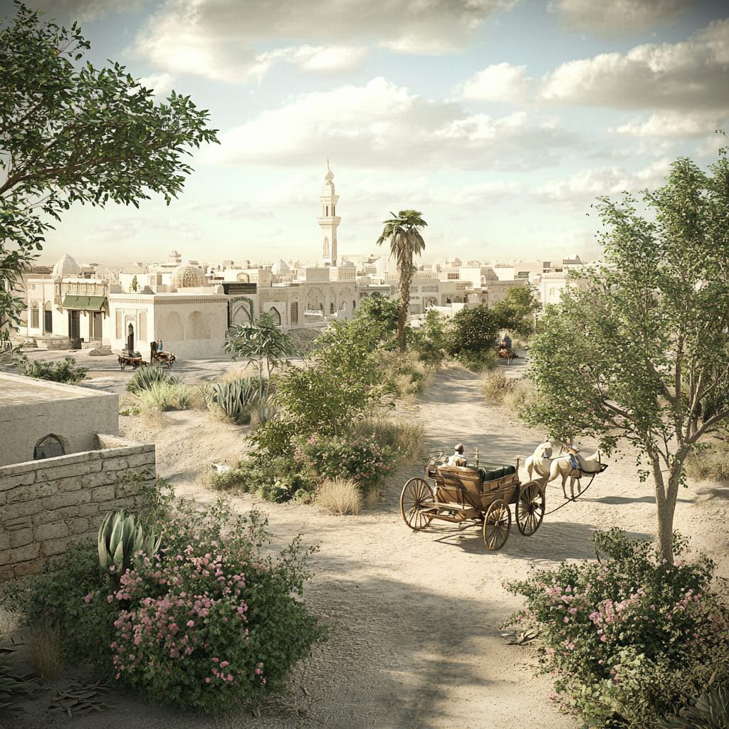 1900s Abu Dhabi city with horse carriages and camel.