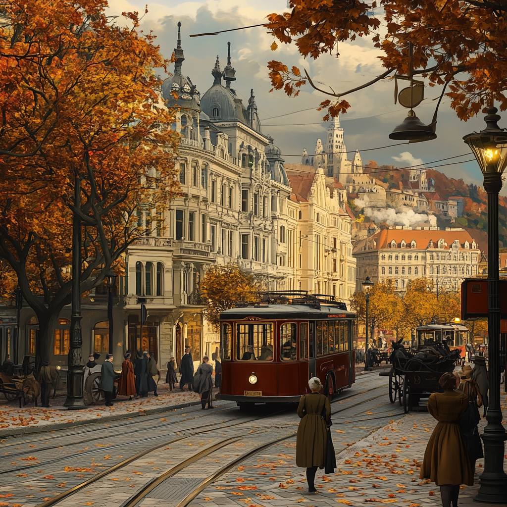 1900s cityscape with old buildings, people, and vehicles.