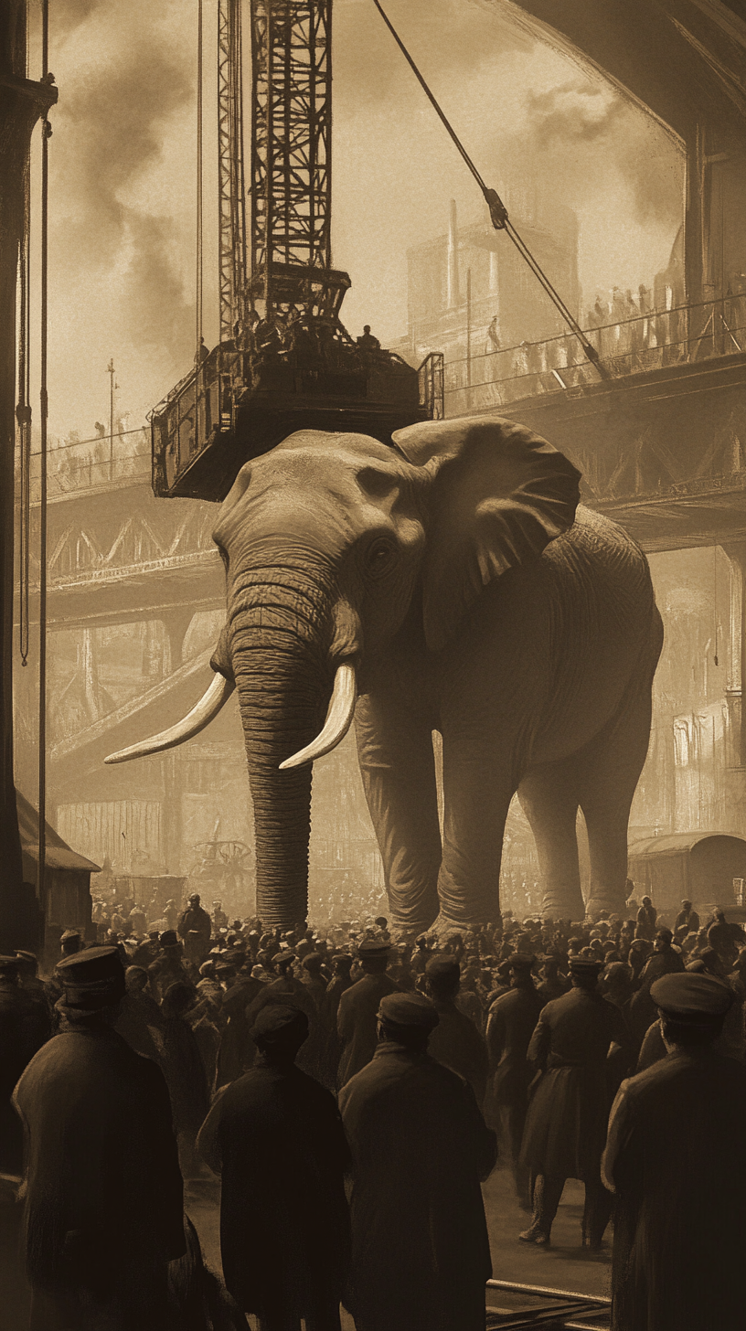 1916 Railroad Station: Elephant Lifted by Crane, Crowd Shocked