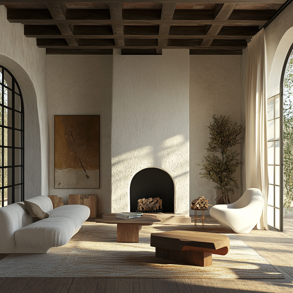 1920s Hollywood living room with modern furniture shapes.