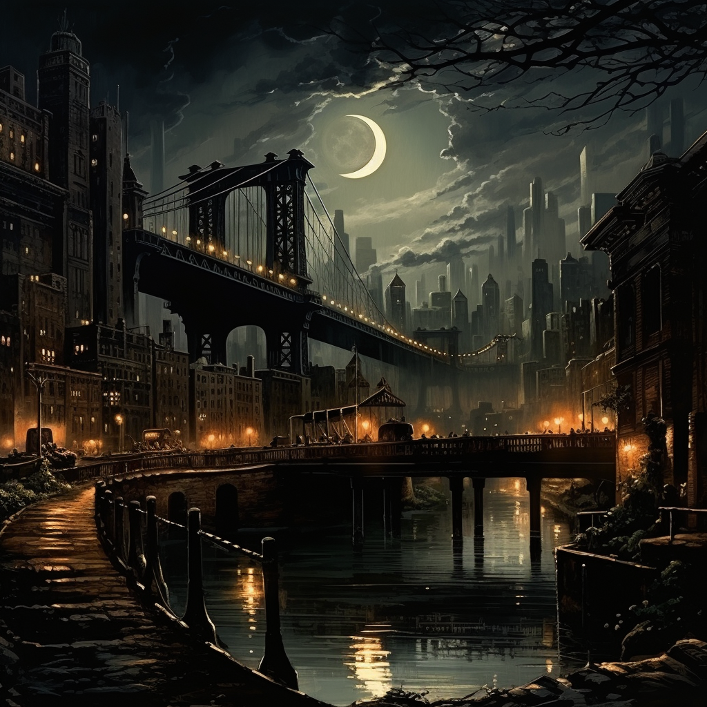 Illustration of a 1920s city night with a raised bridge