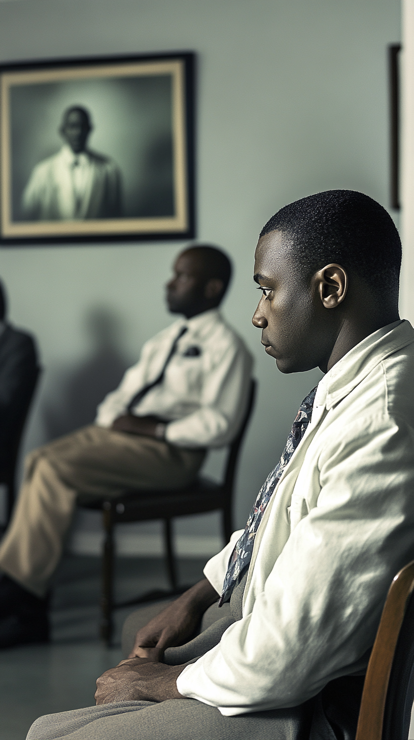 1930s rural American medical facility with Black men waiting