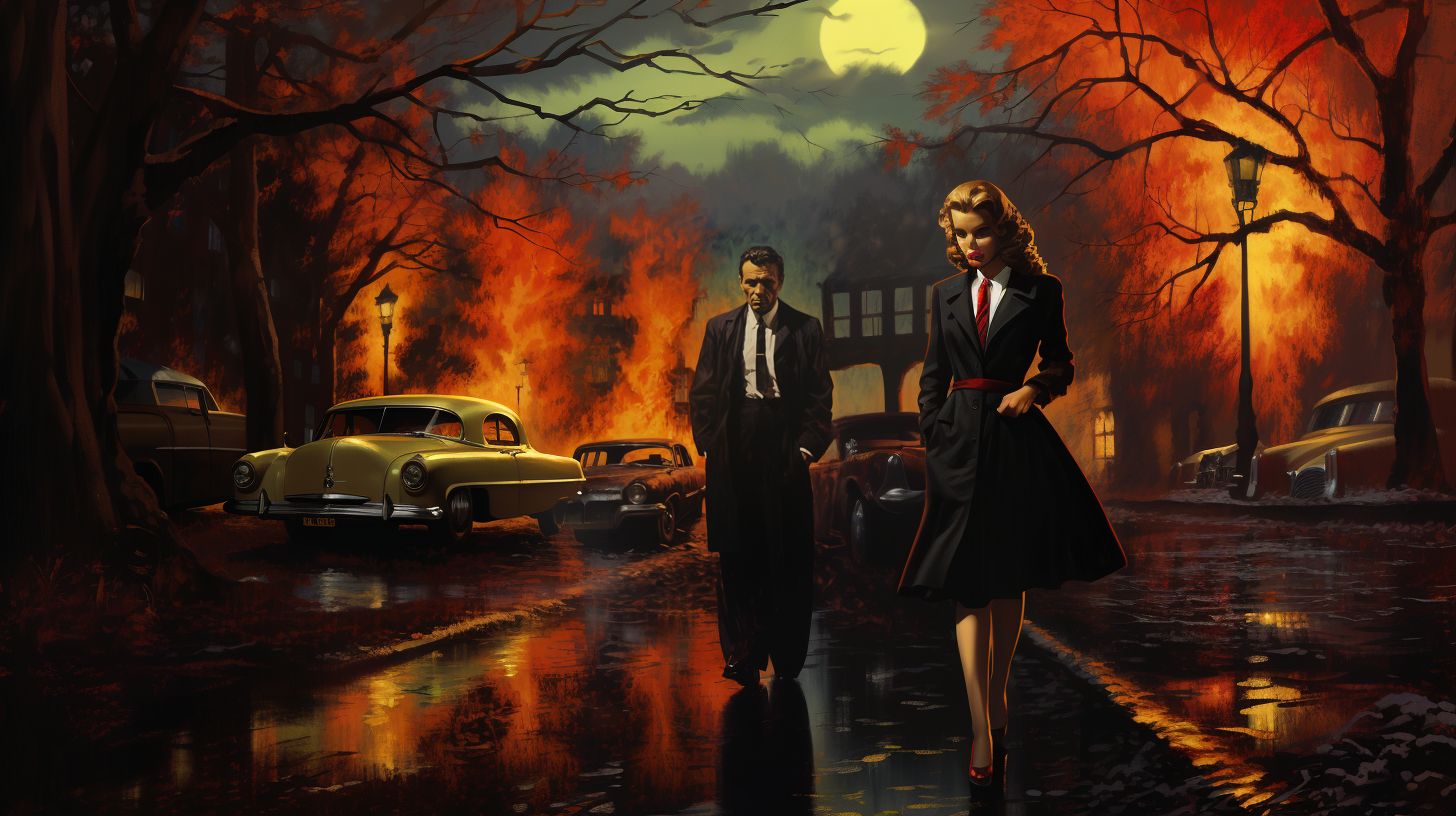 Color painting in 1940's pulp-noir style