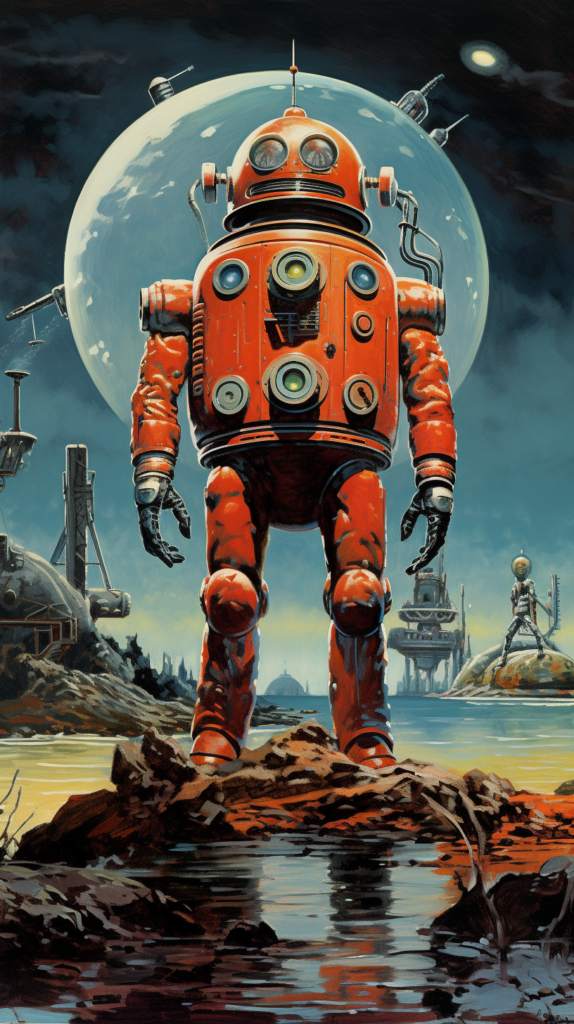 Futuristic 1940s Sci-Fi Magazine Style Space Robot