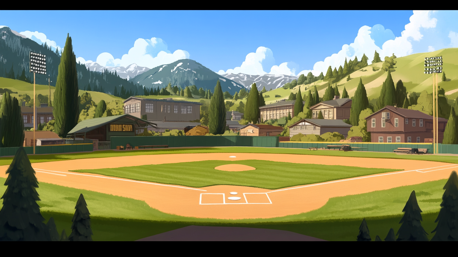 1950's baseball field in Silicon Valley as a cartoon.