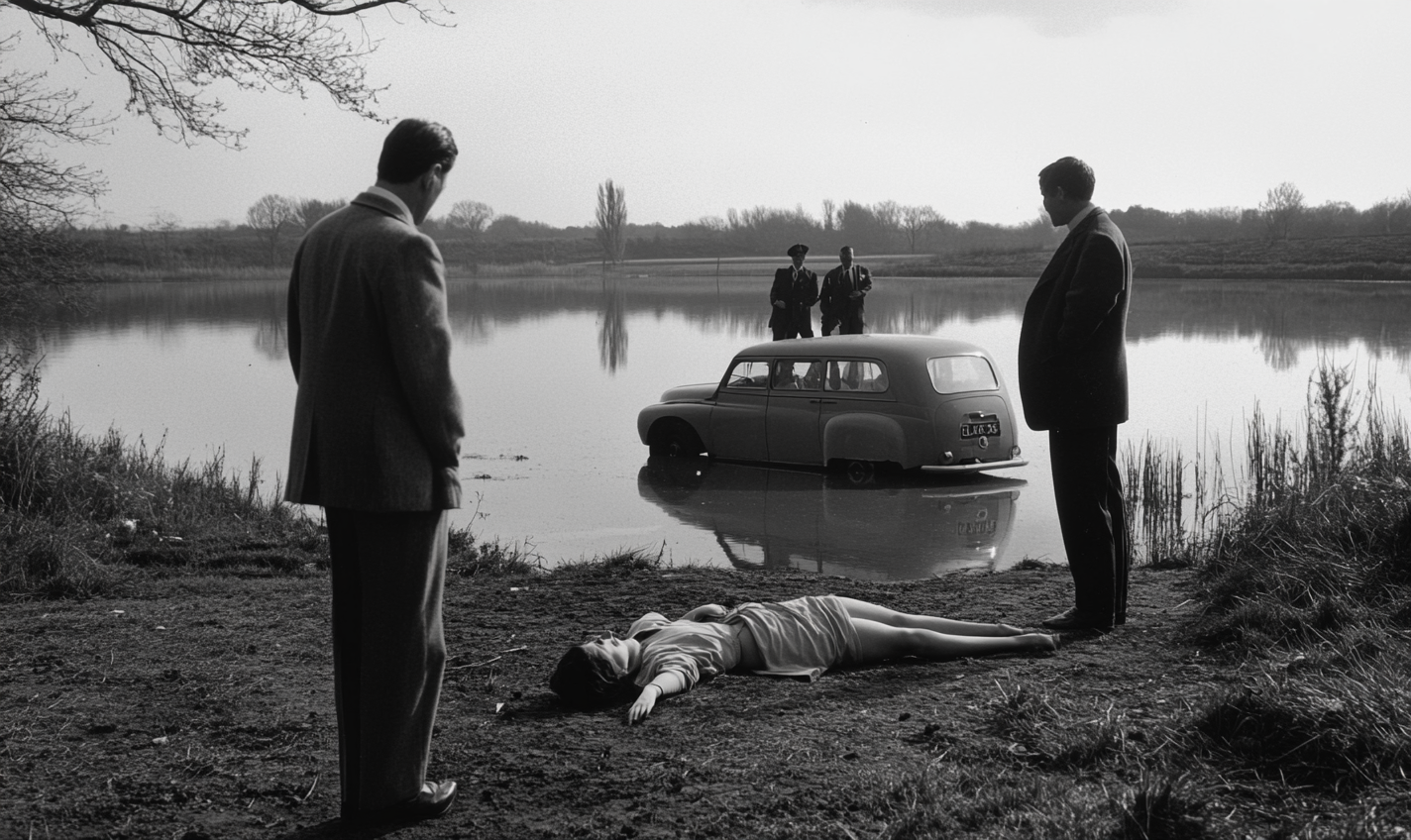 1950s British police investigate drowned woman by lake.