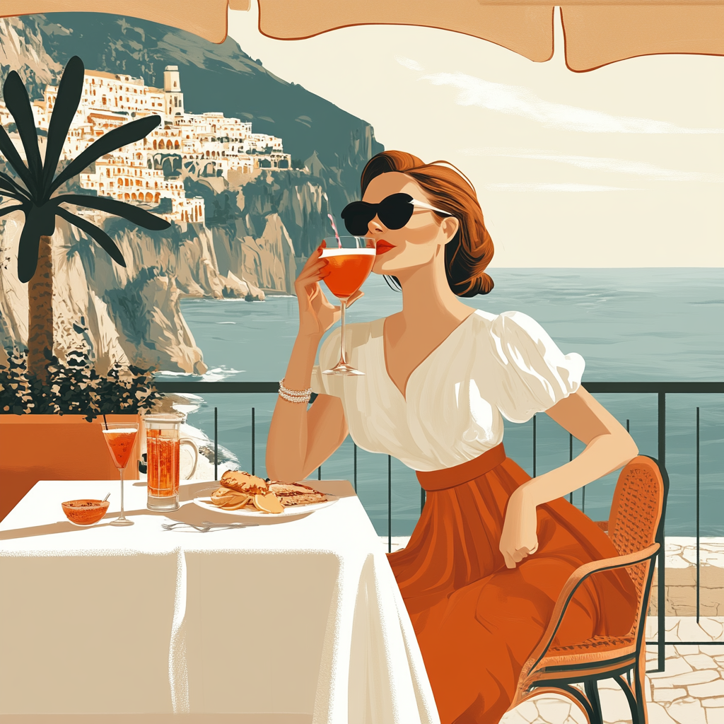 1950s Style Woman Enjoying Aperol Spritz in Italy