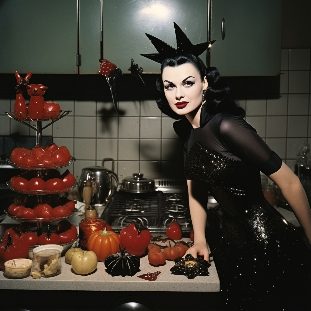 1950s color photo of Vampira with devil horns