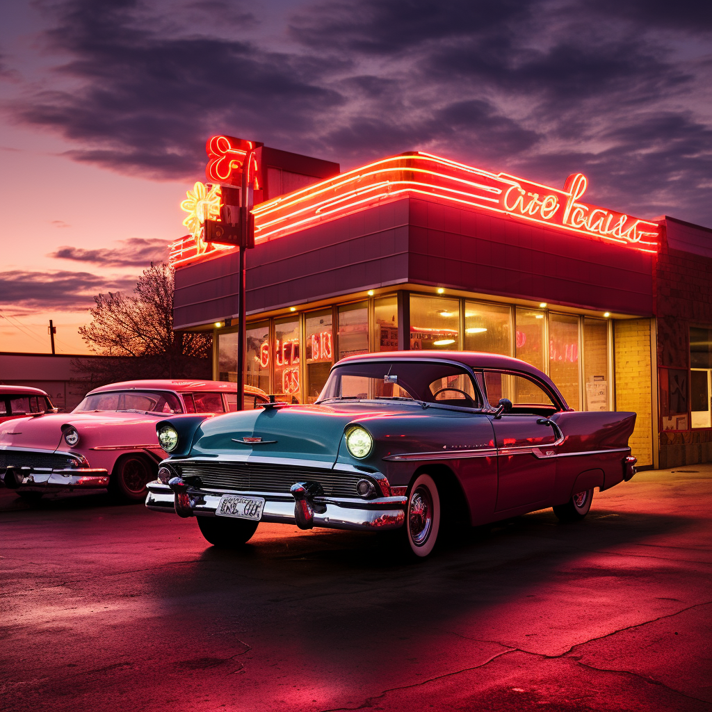 1950s diner with neon signs and classic cars