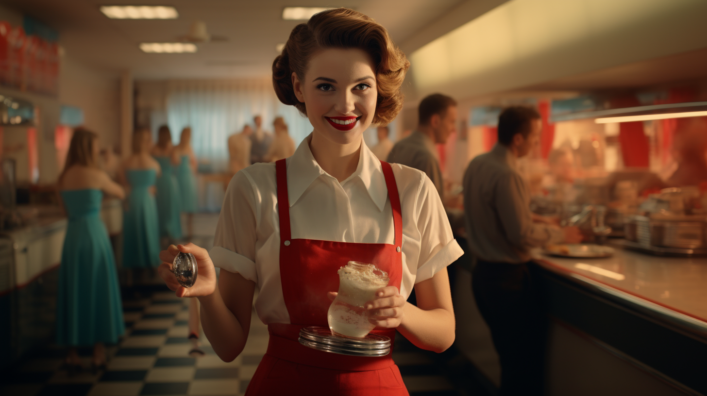 Waitress serving a delicious meal at a 1950s drive-in