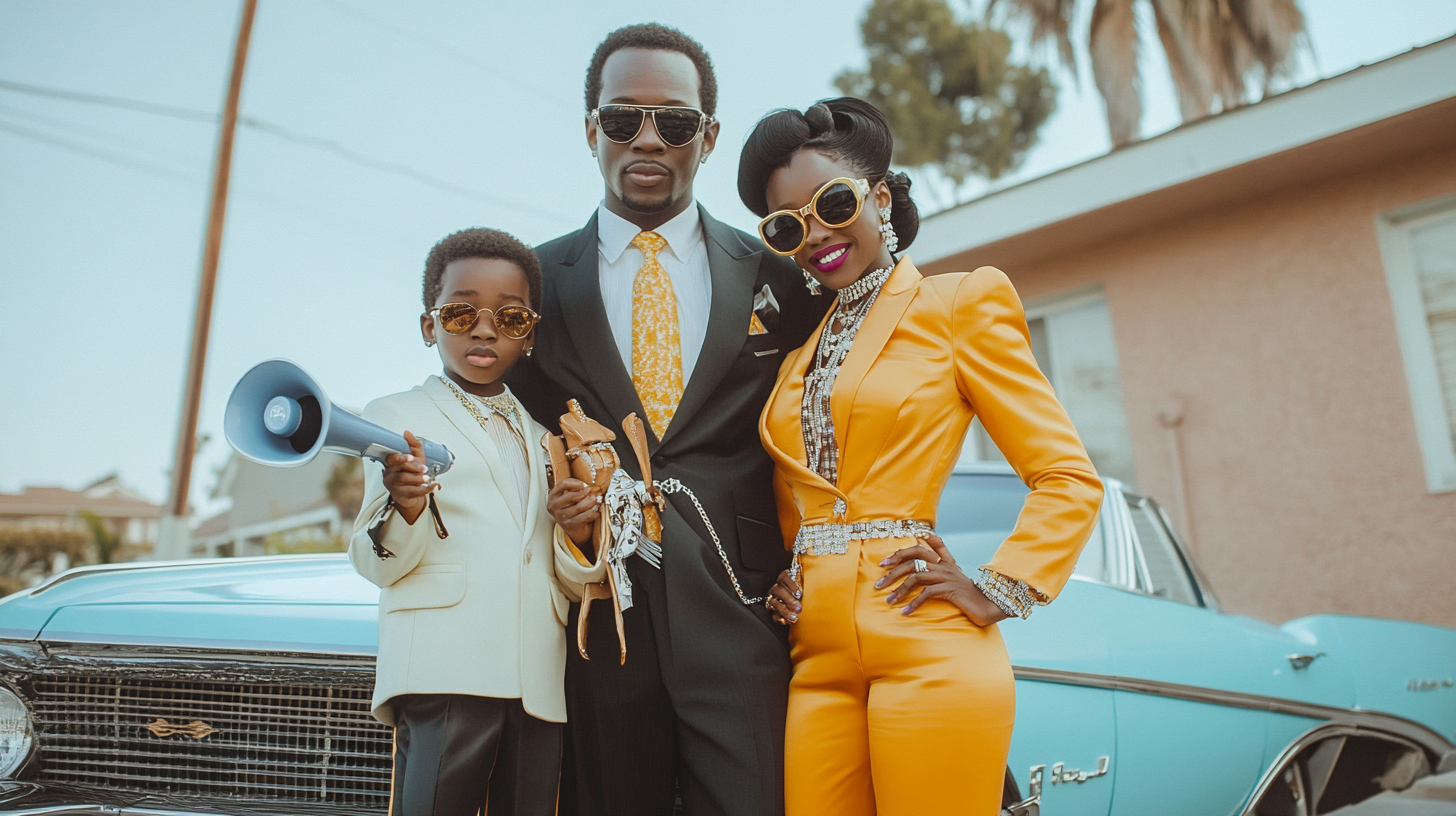 1950s family in rapper poses, wearing flashy outfits.