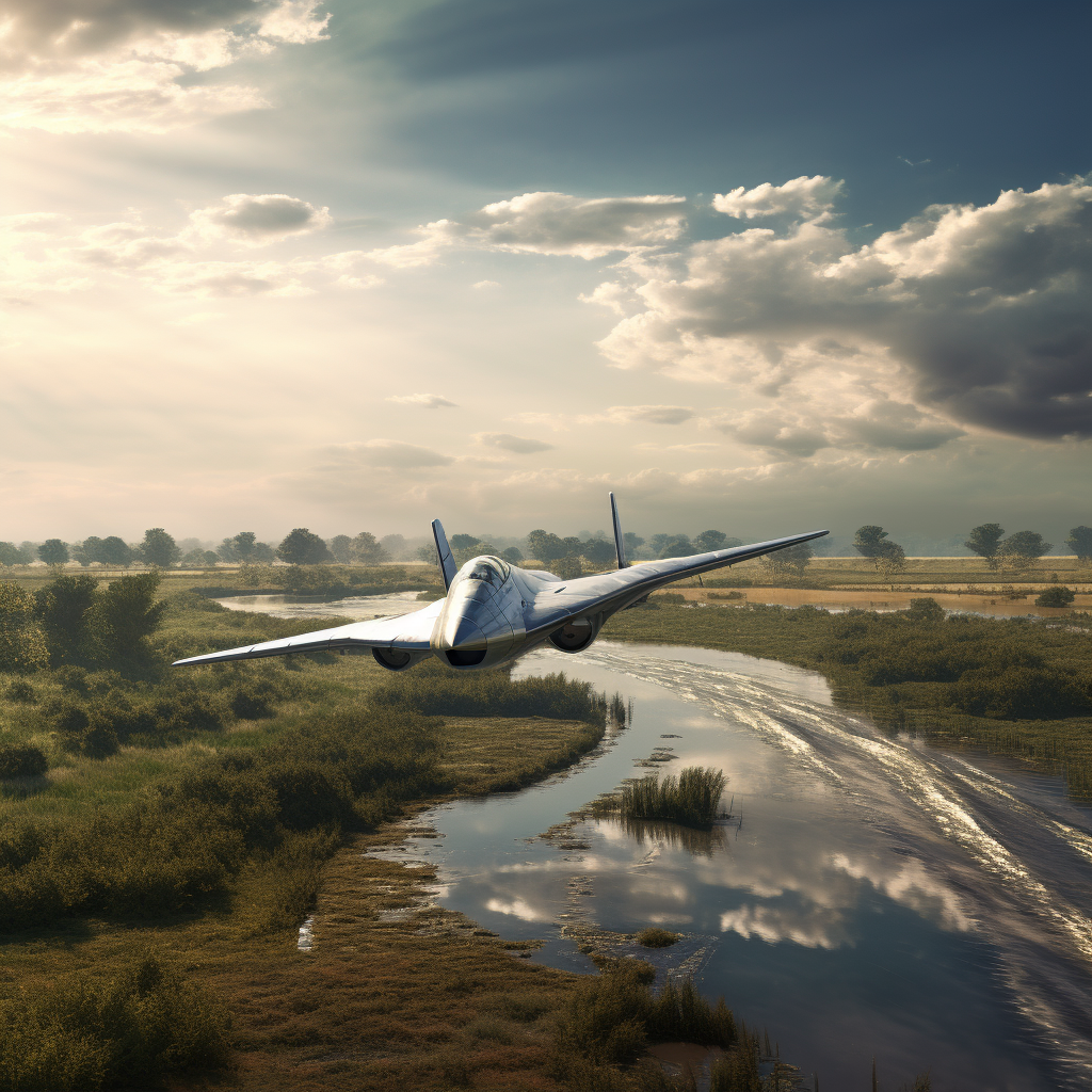 Vintage fighter plane flying over marshland